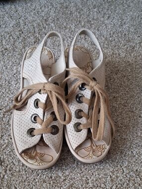 Fly London Beige Perforated Lace-Up Slingback Sandals